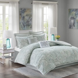 Comfort Spaces Cozy Comforter Set-Modern Classic Design All Season Down Alternative Bedding, Matching Shams, Bedskirt, Decorative Pillows, King (104 in x 90 in), Kashmir, Paisley Blue/Grey 8 Piece