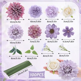 Janinka 100 Pcs Assorted Fake Flower Heads with Long Stem Mini Artificial Flower Bulk Mix Silk Faux Daisy for Crafts Fake Peony Rose for DIY Wedding Party Wreath Home Decoration(Purple)
