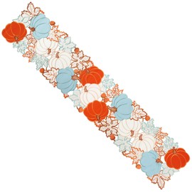 Simhomsen Embroidered Blue, Orange and White Harvest Pumpkin Table Runner for Thanksgiving, Fall, Autumn, Home Decor (14 x 88 inches)