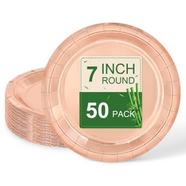 LIKAJON 50 Pcs Rose Gold Paper Plates, 7 Inch Disposable Dessert Plates for Valentines,Tea Party, Baby Shower, Birthday, Wedding, Graduation, Picnic, BBQ, Party