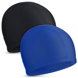 2 Pieces Elastic Swim Caps Comfortable Fabric Swimming Hat Lightweight Bathing Caps for Women Men Kids While Swimming (Black, Royal Blue)