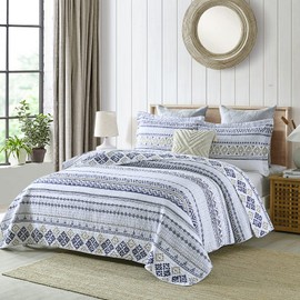 SahSahCasa Quilt Queen Size, Queen Quilt Set, 100% Cotton Boho Quilt, Queen Quilt Bedding Set Bedspreads, Bohemian Reversible Lightweight Striped Quilts Bedspread for All Season, White/Navy/Beige