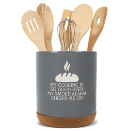 Elanze Designs My Cooking Is So Good Ceramic Cork Bottom Gray Large Capacity Utensil Holder Crock for Countertop Storage, Stylish & Durable for Spoons, Spatulas, and Cooking Tools