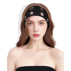 JENSVOIR Grommet Headband for Women, Plus Black 23cm Hollow Out Elastic Hair Band, Eyelets Punk Grunge Stylish Hairband