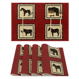 Placemats-Abstract Vintage African Animals Linen Table Place Mats Set of 4 Non-Slip Heat Resistant Table Mats for Dining Kitchen Cabin Decor 12x18 Inch
