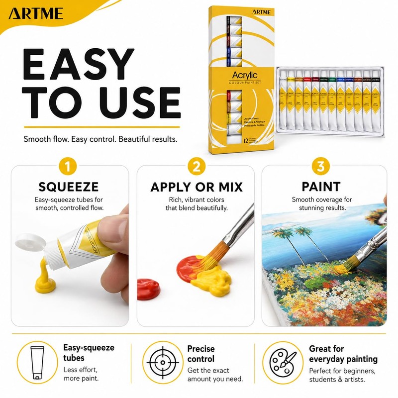 Artme Acrylic Paint Set, 12 x 12ml Tubes, Non-Toxic Rich