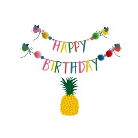 Pom Pom Birdies/Bunting/Pineapple Happy Birthday" Greeting Card", POM007, beige|oak