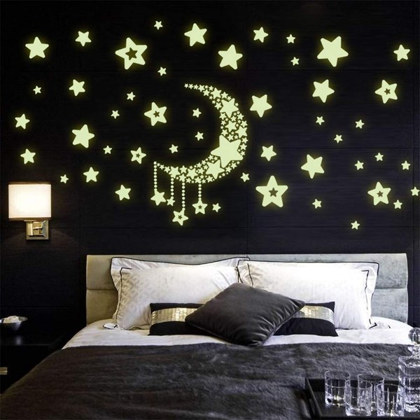 Moon Stars House Luminous Stickers, DIY Fluorescent Stickers Children's Room Living Bedroom Home Dormitory Corridor Ceiling Decorative Wall Stickers Night Shining Illuminated Stickers (13.8 * 15.7in)