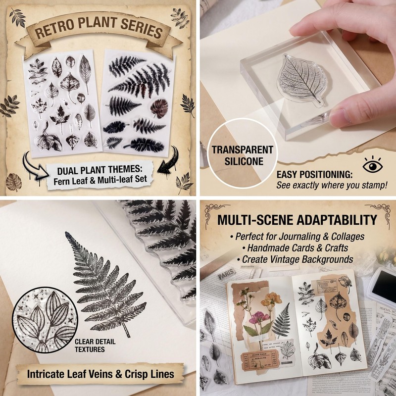 25PCS Plant Clear Rubber Stamp, Vintage Leaf Stamps for Card