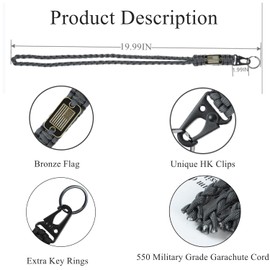 CHENXIKK Heavy Duty Paracord Lanyard Keychain,Military Tactical Lanyard Keychain for Men with USA Flag,Braided Paracord Neck Lanyard with HK Clip Hooks for KeysCameras and ID Badges (Grey)