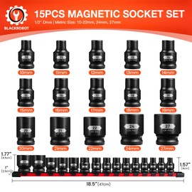 BLACKROBOT 1/2" Drive Magnetic Impact Socket Set, 15-Piece Shallow Socket Set with Storage Rail, Metric Size (10-22mm, 24mm, 27mm), 6-Point Magnetic Sockets, Cr-Mo Steel