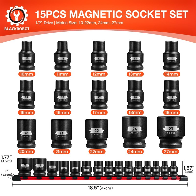 BLACKROBOT 1/2" Drive Magnetic Impact Socket Set, 15-Piece Shallow Socket