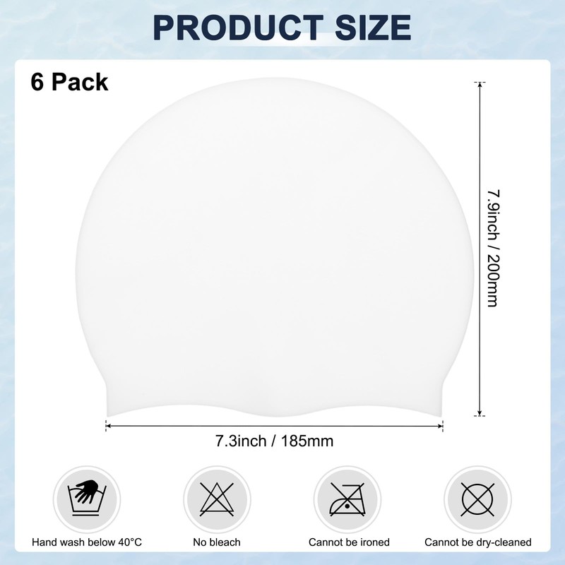 M METERXITY 6-Pack Silicone Swim Cap, 7.3" Opening 7.9" H