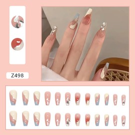 Korean Press on Nails Pack of 24 Artificial Nails Short for Sticking Fake Nails with Nail Glue, Impress Nails Fingernails Short for Women and Girls - Blue/White