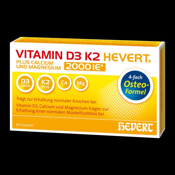 Vitamin D3 K2 Hevert plus Calcium und Magnesium 2000 IE, 60 St. Kapseln Hevert-Testen