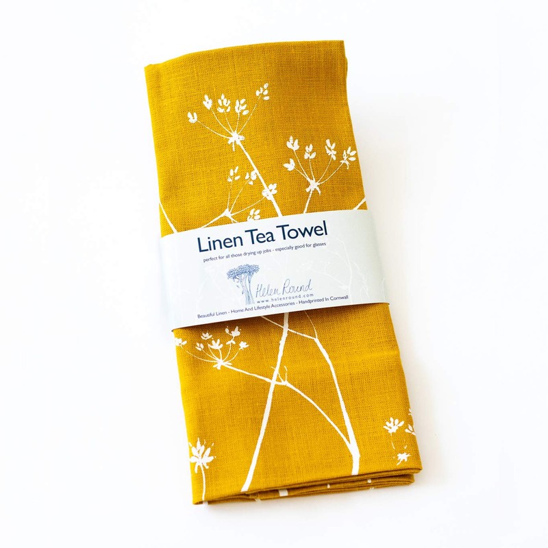 Mustard Linen Tea Towel, hand printed with hedgerow flowers. This