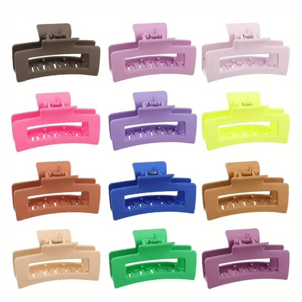 Plastic Claw Hair Clips, Rectangle Shape, Set of 12, Assorted