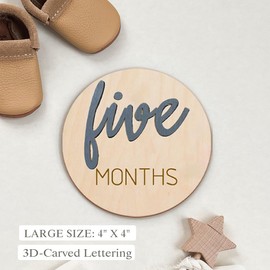 Baby Monthly Milestone Markers Disc, Wooden 3D Baby Milestone Cards for Baby Photos, Baby Announcement Sign,Slate Blue, 1-12 Months, 4 Inches in Size.