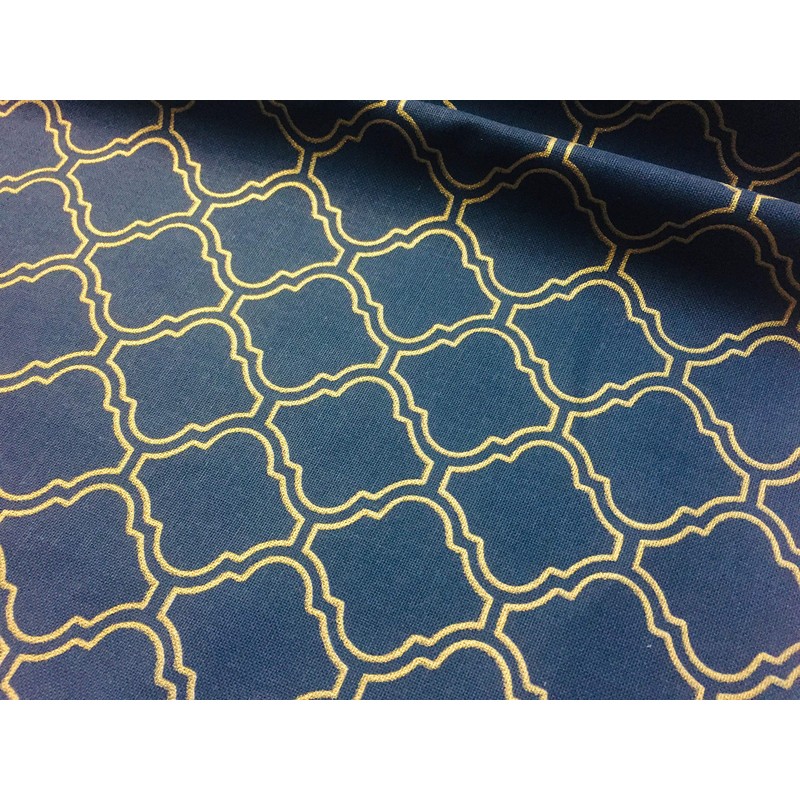 Gold Moroccan Arabic Damask Fabric Navy Blue Curtain Upholstery -