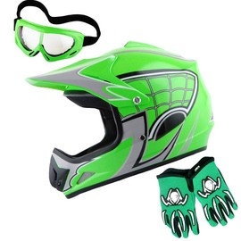 WOW Youth Motocross Helmet BMX MX ATV Dirt Bike Helmet Spider Web Green + Goggles + Martian Spider Green Glove Youth Bundle