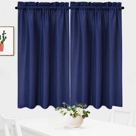 NANAN Tier Curtains,Waffle Weave Textured Tailored Short Curtains for Bathroom Waterproof Window Covering Kitchen Cafe Curtains - 30" x 45", Navy Blue, Set of 2