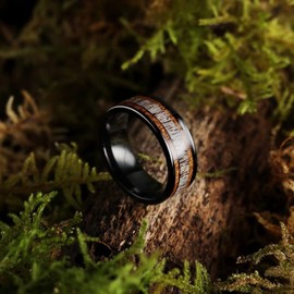 King Will 8mm Black Titanium Ring Sapele Wood Antlers Inlay Wedding Ring High Polished for Women Men Comfort Fit 11.5