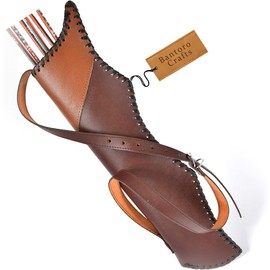 Bantoro Crafts Traditional Archery Shoulder Back Quiver Bow Leather Arrow Holder with Large Pocket Handmade Strap Belt Pouch Brown LA216BR-A