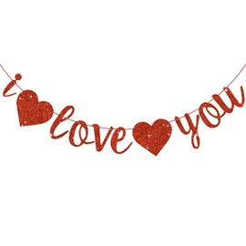 RICHHHA Glitter Red I Love You Banner with Hearts,Pre-Strung,Garland Streamers for Wedding,Bridal Shower,Anniversary,Dating,Proposal Ceremony,Engagement Party Decorations