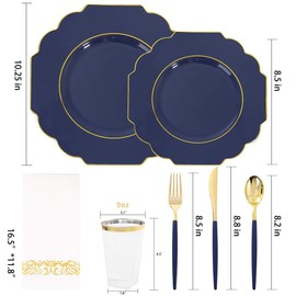 Nervure 140PCS Blue Plastic Plates & Gold Plastic Silverware with Blue Handle - Gold Plates Include: 40Plates, 20Forks, 20Knives, 20Spoons, 20Cups, 20Napkins Perfect for Party & Father's Day
