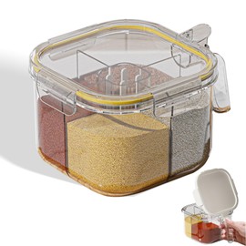 REIKOMO 4-Compartment Clear Seasoning Box with Lids and Spoons, Airtight Condiment Organizer, Kitchen Spice Container Set for Salt, Sugar, Pepper (Transparent)