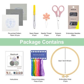 Krijuess 3 Sets Embroidery kit for Beginners Adults, Hand Embroidery Kit to Learn 33 Different Stitches Includes Stamped Patterns, Hoop, Needles and Color Threads, Full Set Accessories