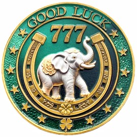 Good Luck Coin with Elephant, 4-Leaf Clover & 777 - Symbol of Prosperity, Health, Happiness & Success - Lucky Charm Token for Positive Energy, Lottery Ticket Scratcher Tool (Single Coin)
