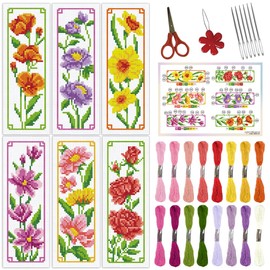 ORIGACH 6 Set Floral Cross Stitch Bookmark Kit for Beginners with Underlay Felt Instructions DIY Stamped Embroidery