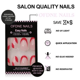Short Almond Press on Nails Hot Pink OFDNE French Tip Fake Nails Swirl Designs False Nails Full Cover Solid Colour Stick on Nails Glossy Glue on Nails Acrylic Nails for Women Girls 24 Pcs