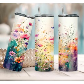 Yatac 20 Oz Insulated Tumbler with Lid, Cute Cartoon Character Double Wall Vacuum Thermos Coffee Travel Tumbler, Birthday Gifts for Friends, Gifts for Family Members (Field Flowers), Skinny