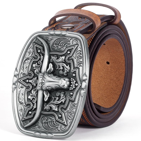 BISON DENIM Men's Western Cowboy Belt with Big Printed Engraved