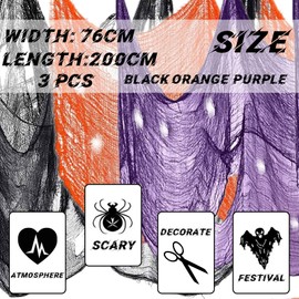 Halloween Black Purple Orange Scary Gauze Cloth Indoor Outdoor,3Pcs 200x76cm Halloween Spooky Creepy Cloth,Cheese Cloth Tapestry Spooky Scary Gauze for Halloween Party Decorations,Haunted House Decor