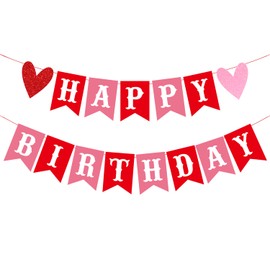 CAVLA Happy Birthday Banner for Valentine's Day - Red Pink Themed With Glitter Heart Signs - Paper Banner for Home Wall Party Decorations Supplies
