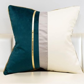 Cushion Covers Decorative Throw Pillow Covers 18 x 18 Inches Teal Pillow Cases Gold Leather Striped Patchwork Velvet Cushion Case Luxury