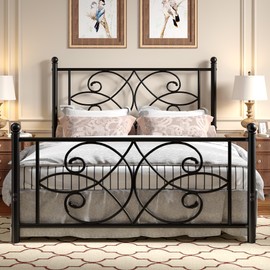 VECELO Queen Size Metal Platform Bed Frame with headboard and Footboard, Heavy Duty Mattress Foundation, Steel Slat Support, No Box Spring Needed, Easy Assembly, Black