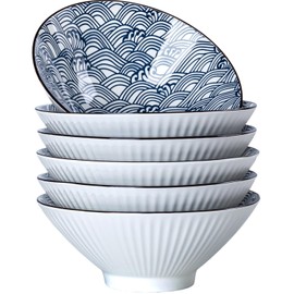 Yuanlity 38 oz Japanese Ramen Bowl Set of 6 - Large 8 Inch Ceramic Soup Bowls, Blue and White Japanese Noodle Bowls for Pho, Ramen, and Salad - Wave Patterns