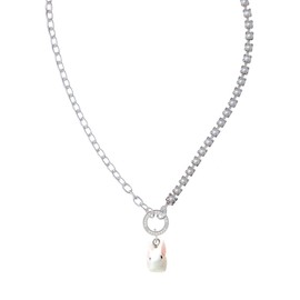 Delight Jewelry Resin White Big Ear Bunny Stronger Braver Smarter Mixed Cable and Imitation Pearl Chain Choker Necklace, 14.75-17"