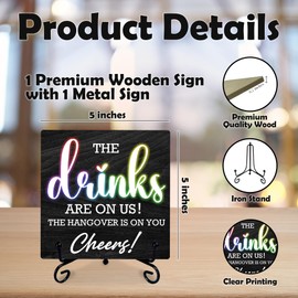5'' Wooden Sign kitchen Decor & Accessories - The Drinks Are On Us! Cheers -Black Wooden Plaque With Metal Stand Tabletop Home Decor-Kitchen Bar, Bridal Shower Supplies, Gifts For Friends & Family-A02