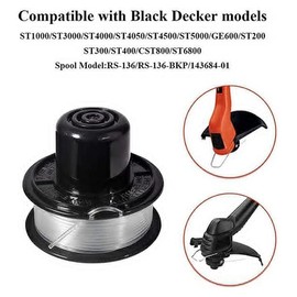 Trimmer Spools for Black and Decker RS-136 Weed Eater GE600 CST800 ST1000 ST4000 ST4500 ST6800 RS-136 with 20ft 0.065" String Trimmer Refills Parts Auto-Feed,RS-136-BKP Replacement Spool (1 Pack)
