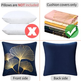 Set of 2 Cushion Covers, 50 x 50 cm, Ginkgo Biloba Velvet Cushion Covers, Navy Blue Cushion Cover, Soft Cosy Cushion Covers, Decorative Modern Decorative Cushion Cover for Sofa and Living Room