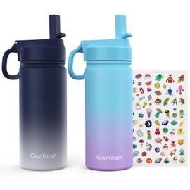 Kids Water Bottle, 2-Pack 16oz Kids Water Bottle with Stickers for School, insulated Stainless Steel Straw Cup(Gray+Blue)