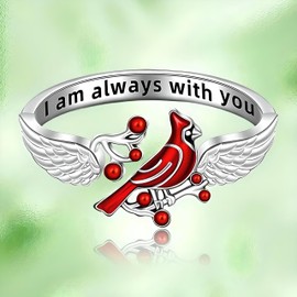 SUPAC Red Cardinal Wing Ring, Silver-Plated 'I Am Always with You' Inspirational Message, Adjustable - Christmas, Party, or Birthday Gift