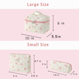 RSRSLEII 3Pcs Large Cotton Quilted Makeup Bag Set, Cute Coquette Floral Cotton Cosmetic Bag with Bows, Aesthetic Travel Organized Toiletry Bags for Women Girls（01White Pink）