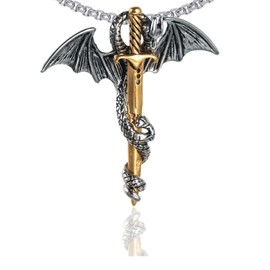 Xusamss Punk Titanium Steel Dragon Sword Wing Pendant Necklaces (White Gold)