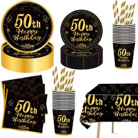 50th Birthday Party Supplies Tableware-Complete Pack Include 50th Birthday Party Plates, Napkins, Cups Straws Tablecloth Serves 16 Guests for Men and Women 50th Birthday Party Decorations